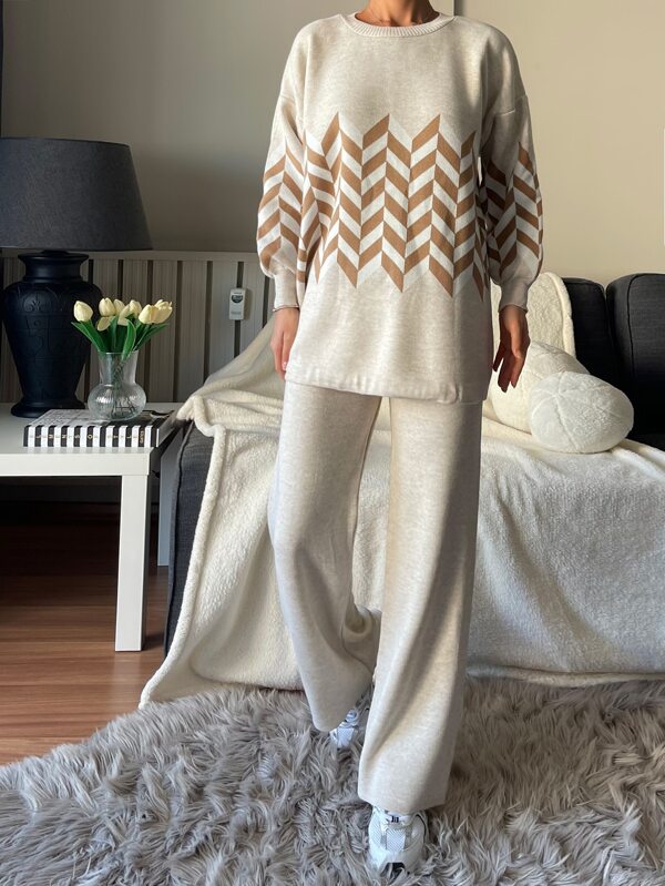 Chevron Pattern Drop Shoulder Sweater & Knit Pants