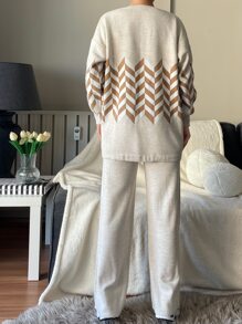 EURMUSE Chevron Pattern Drop Shoulder Jumper & Knit Trousers - Beige - View 2