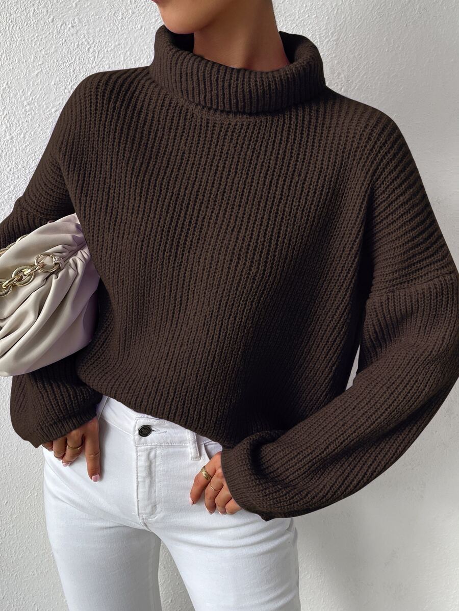 SHEIN Essnce High Neck Drop Shoulder Jumper - Chocolate Brown - View 1