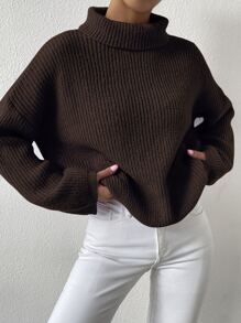 SHEIN Essnce High Neck Drop Shoulder Jumper - Chocolate Brown - View 3