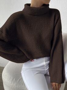 SHEIN Essnce High Neck Drop Shoulder Jumper - Chocolate Brown - View 4