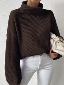 SHEIN Essnce High Neck Drop Shoulder Jumper - Chocolate Brown - View 5