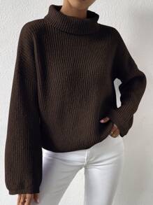 SHEIN Essnce High Neck Drop Shoulder Jumper - Chocolate Brown - View 6
