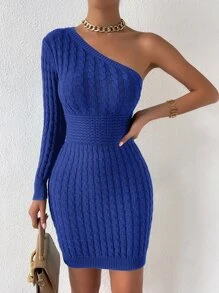 One Shoulder Cable Knit Sweater Dress - Royal Blue - View 6