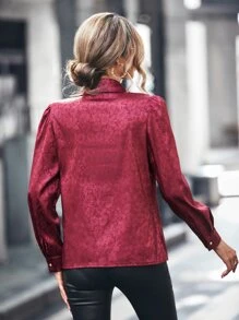 SHEIN Clasi Jacquard Puff Sleeve Button Front Satin Shirt - Burgundy - View 2