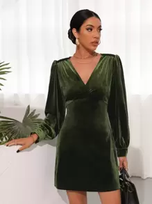 SHEIN Unity Lantern Sleeve Velvet Dress - Dark Green - View 1