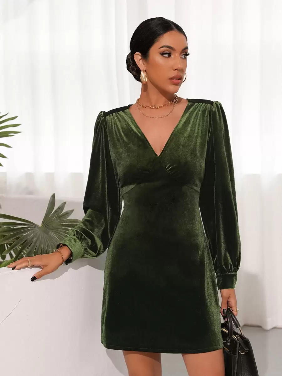 SHEIN Unity Lantern Sleeve Velvet Dress - Dark Green - View 1