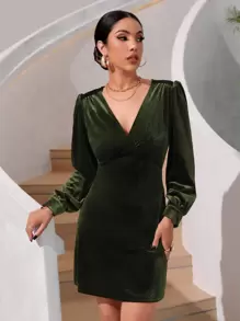 SHEIN Unity Lantern Sleeve Velvet Dress - Dark Green - View 3