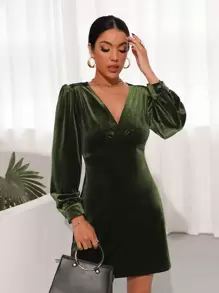 SHEIN Unity Lantern Sleeve Velvet Dress - Dark Green - View 6