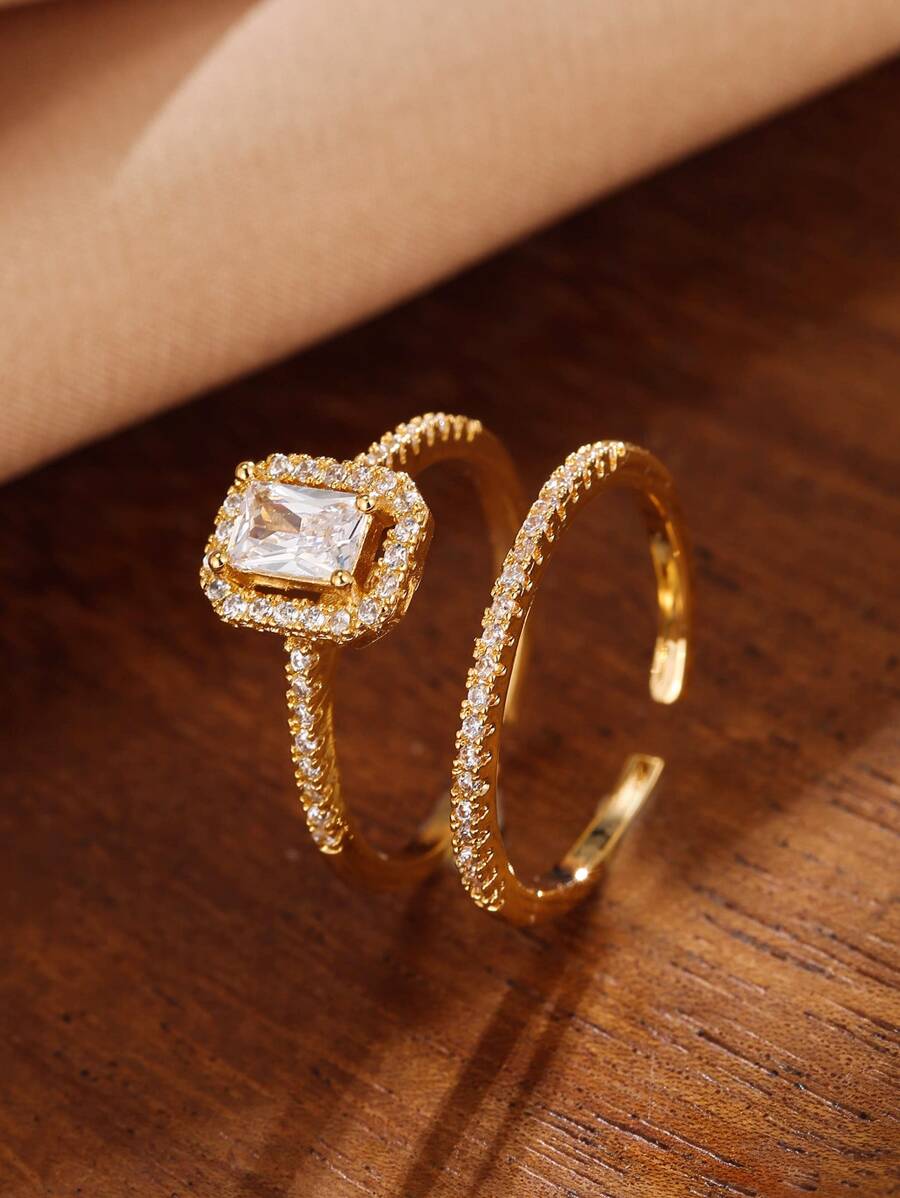 2pcs Gold-Plated Micro-Inlaid Cubic Zirconia Rings, Wedding, Engagement, Proposal Gift Jewelry