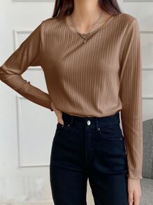 DAZY Ribbed Knit Lettuce Trim Tee,Fall Clothes Long Sleeve Top - Camel - View 5