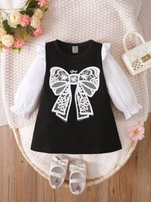 Baby Bow Print Ruffle Trim Flounce Sleeve Dress - Black and White - View 1