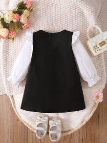 Baby Bow Print Ruffle Trim Flounce Sleeve Dress - Black and White - View 2