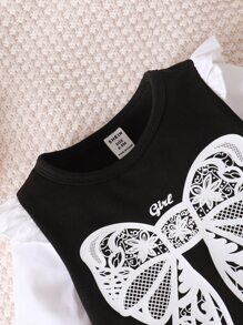 Baby Bow Print Ruffle Trim Flounce Sleeve Dress - Black and White - View 4