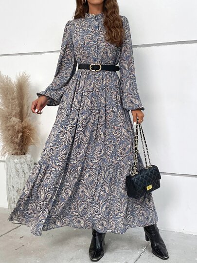 EMERY ROSE Allover Print Button Front Dress Without Belt Maxi Women Outfit Fall Cloth For Women