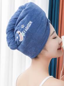 1pc Moon & Letter Embroidery Hair Drying Cap - Blue - View 1