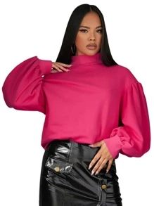 SHEIN Privé 小高領燈籠袖運動衫 - 玫紅色 - 查看 4