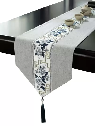 Floral Pattern Tassel Decor Waterproof Table Runner