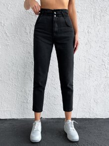 EURMUSE High Waist Mom Fit Jeans - Black - View 1