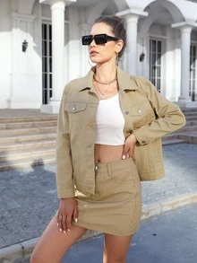 Flap Pocket Drop Shoulder Denim Jacket & Skirt - Khaki - View 4
