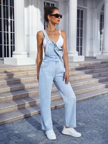 Slant Pocket Denim Dungarees Without Cami Top - Light Wash - View 3