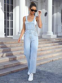 Slant Pocket Denim Dungarees Without Cami Top - Light Wash - View 5