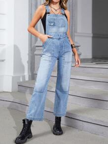 Slant Pocket Denim Dungarees Without Top - Light Wash - View 1