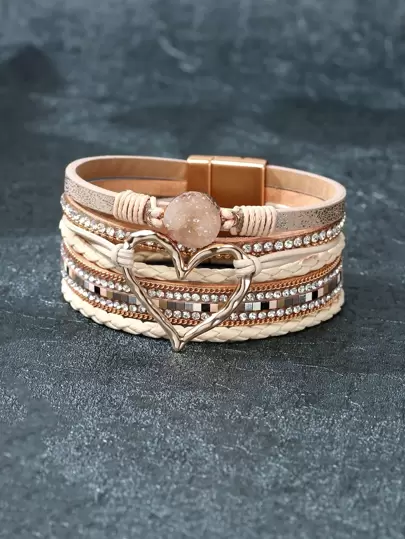 Rhinestone & Heart Decor Layered Bracelet Valentines,Mom,Mother,Mother's Day,Gift