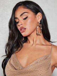 SHEIN SXY Pendientes largos geométricos con diseño de diamante de imitación - Champán - Ver 3