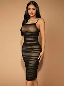 SHEIN SXY Prom Dress;Ruched Mesh Bodycon Dress - Black - View 1