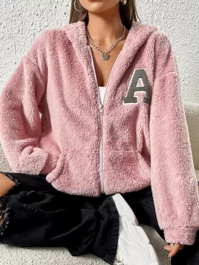 SHEIN EZwear 秋冬字母贴片落肩拉链法兰绒连帽衫、长袖上衣