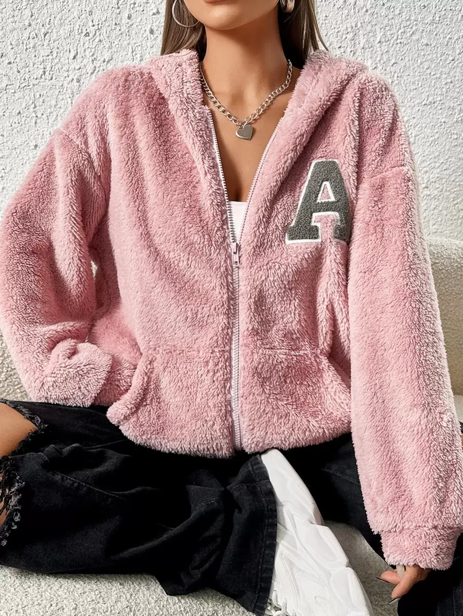 SHEIN EZwear 秋冬字母贴片落肩拉链法兰绒连帽衫、长袖上衣 - 藕粉色 - 查看 1