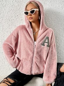 SHEIN EZwear 秋冬字母贴片落肩拉链法兰绒连帽衫、长袖上衣 - 藕粉色 - 查看 5