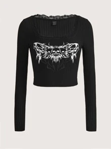 SHEIN EZwear 骷髅頭圖案蕾絲拼接短款T恤 - 黑色 - 查看 1