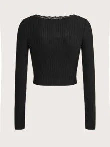 SHEIN EZwear 骷髅頭圖案蕾絲拼接短款T恤 - 黑色 - 查看 2