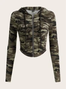 SHEIN EZwear Camo Print Zip Up Drawstring Hooded Jacket - Multicolor - View 1