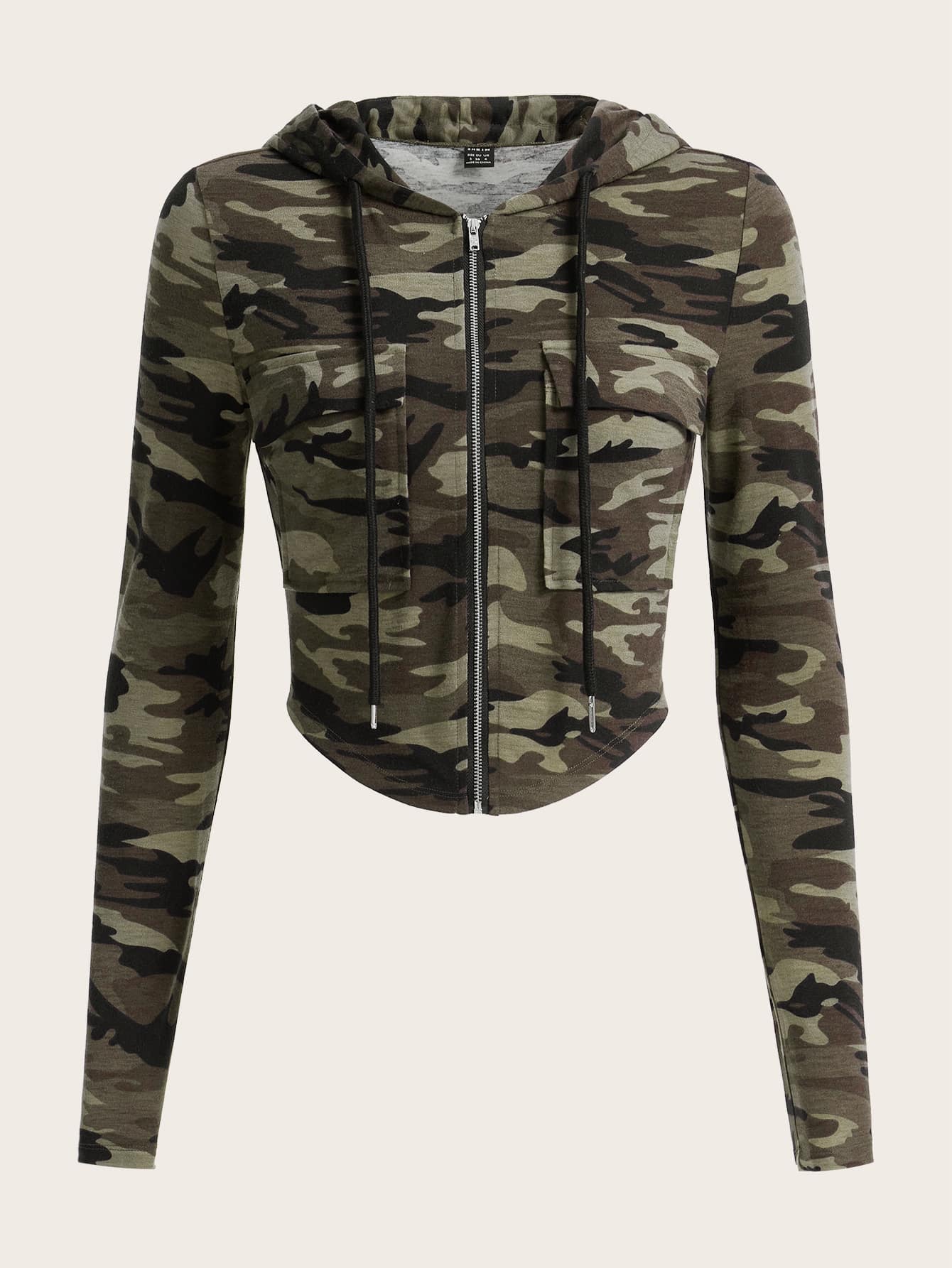 SHEIN EZwear Camo Print Zip Up Drawstring Hooded Jacket - Multicolor - View 1