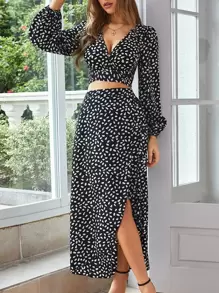 SHEIN VCAY Dalmatian Print Lantern Sleeve Crop Top & Split Thigh Skirt - Black and White - View 1
