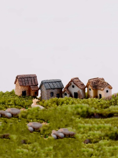 زينة وطراز مناظر طبيعية صغيرة للحدائق والأراضي الصغيرة عبارة عن 4 بيوت من الراتنج والقش لتزيين النباتات الصابونية