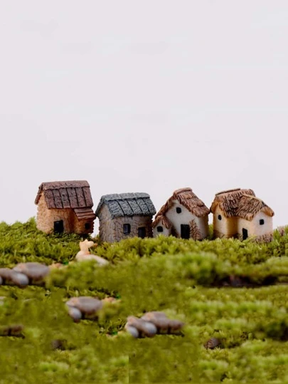 4入組樹脂迷你房屋和茅草小屋微景觀裝飾,適用於園藝和多肉植物裝飾