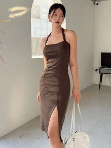 DAZY Tách đùi Váy dây - Cà phê nâu - Xem 5