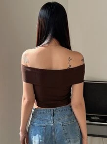 DAZY Off Shoulder Ribbed Knit Crop Tee