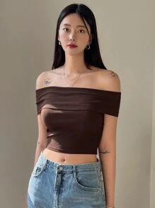 DAZY Off Shoulder Ribbed Knit Crop Tee