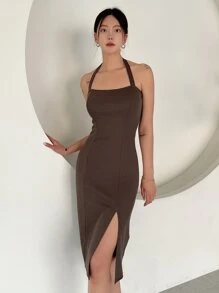 DAZY Tách đùi Váy dây - Cà phê nâu - Xem 8