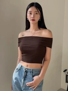 DAZY Off Shoulder Ribbed Knit Crop Tee