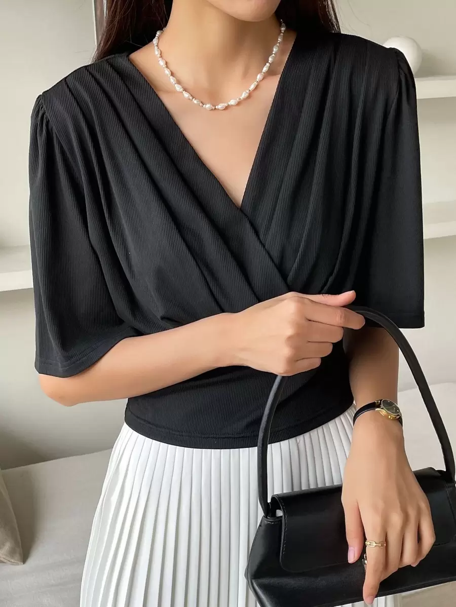 DAZY Surplice Neck Puff Sleeve Tee - Black - View 1