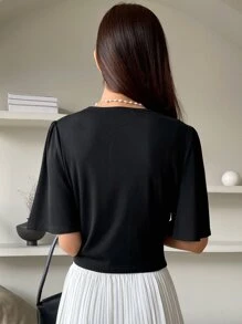 DAZY Surplice Neck Puff Sleeve Tee - Black - View 2