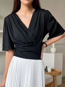 DAZY Surplice Neck Puff Sleeve Tee - Black - View 4