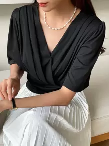 DAZY Surplice Neck Puff Sleeve Tee - Black - View 5