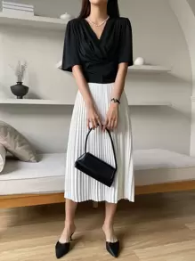 DAZY Surplice Neck Puff Sleeve Tee - Black - View 6